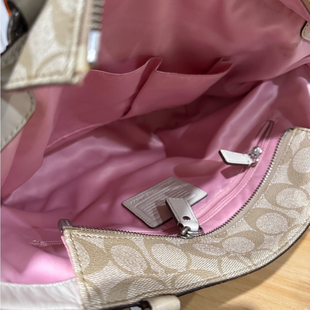 Coach Signature Beige Tote with Hand Crafted Bag Charm Jewelry - Picture 10 of 14